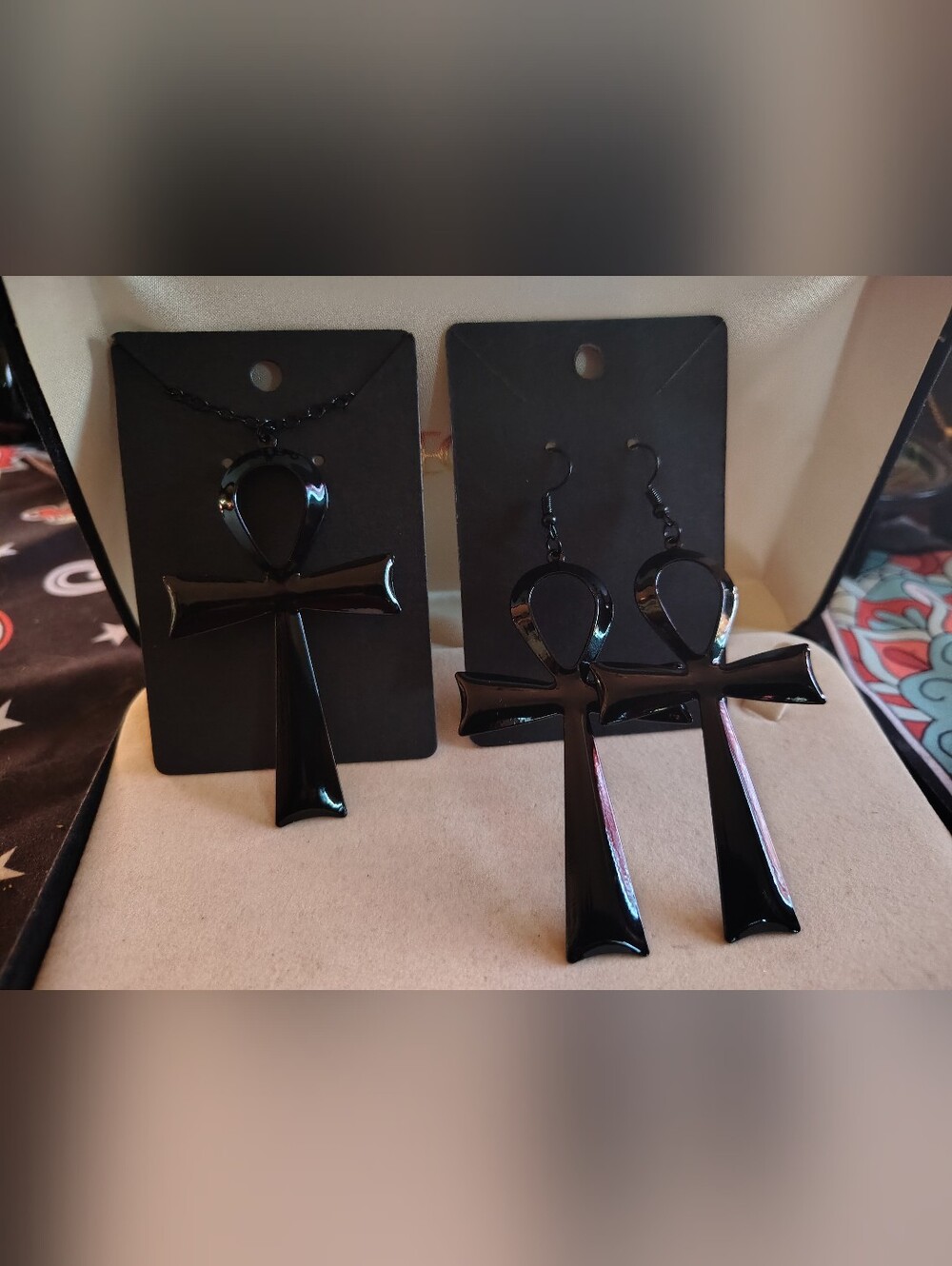 ✝️ New Glossy Black Gothic Ankh Jewelry Set - Necklace,✝️